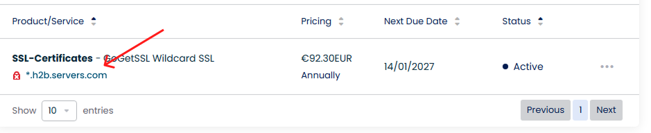 HostingB2B client portal My Services list highlighting the active SSL Wildcard certificate selected for renewal