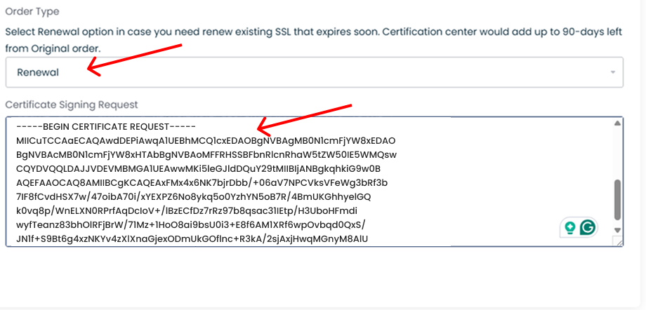 SSL renewal configuration form with Order Type set to Renewal and CSR pasted into the Certificate Signing Request field